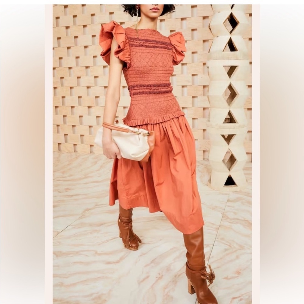 Ulla Johnson Rust Orange Ruffled Midi Dress
